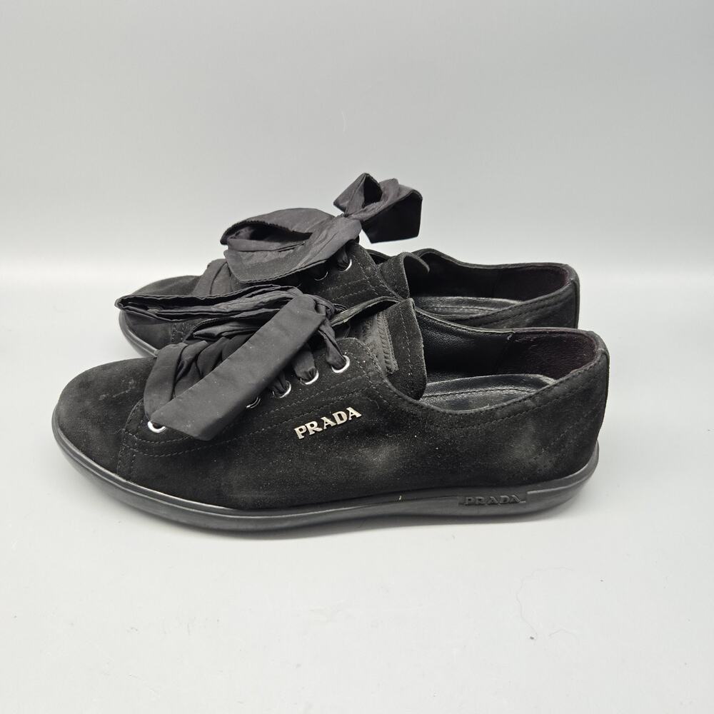 Prada Women's 6.5 Black Camoscio Suede Sneakers W/ Ribbon Laces Limited Edition